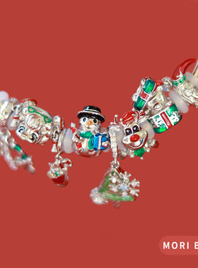 猫哩卟圣诞节beads雪花姜饼人麋鹿925银串珠小熊礼物节日手链手镯