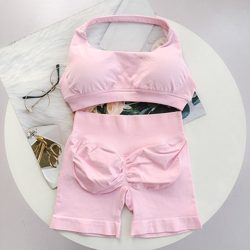 挂脖背心训练聚拢瑜伽服祖国版DF欧美提臀短裤健身服运动套装女 - 图3