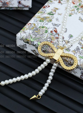 双层蝴蝶结珍珠项链毛衣链女