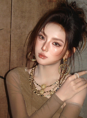 水舞D1230个性小众复古金色豹纹配饰套装女多层项链耳环摄影配饰