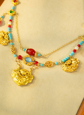 水舞 D1191新娘新款如意锁项链古法沙金色新中式汉服双层古风璎珞