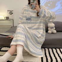 Medium long section Striped Pyjamas womens spring autumn winter pure cotton sweet and beautiful Jane approx. loose long sleeves Sleeping Dress Outside of Home Clothing Clothing