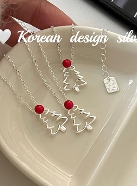 韩国圣诞节ins爆款锁骨链 S925纯银镂空红色滴釉圣诞树项链百搭款