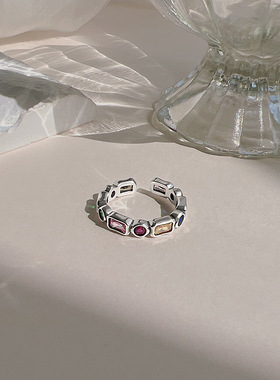 夏季彩虹锆石细戒指女甜酷风时尚辣妹爱心宝石指环小众设计感手饰