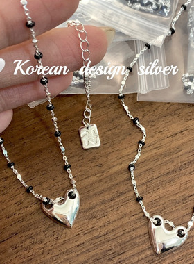 韩国ins风简约高级感锁骨链 S925纯银爱心间隔黑色滴胶项链