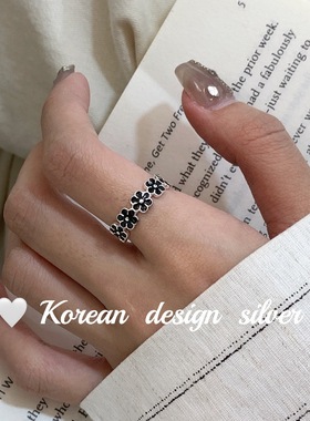 韩国2024年新款时髦食指环 S925纯银小梅花黑色滴胶开口戒指