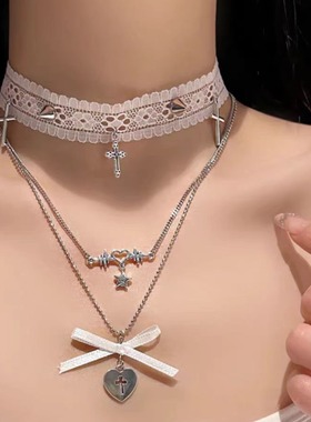 甜美蕾丝爱心五角星情趣吊坠项链女多层叠戴甜酷辣妹高级感锁骨链