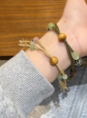 新款檀木可调节宫廷手串学生时尚莲花民族风手饰小众荷花轻奢可转