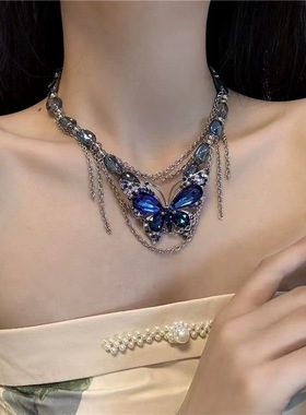 辣妹蓝色钻蝴蝶水晶串珠女轻奢小众设计感甜酷锁骨链配饰流苏项链