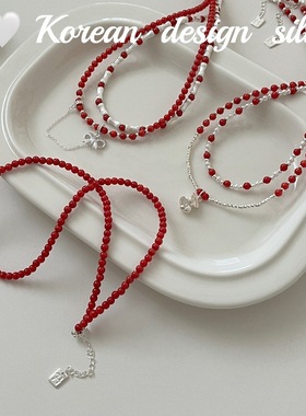 韩国轻奢锁骨链 S925纯银红色圆珠铃铛蝴蝶结项链 圣诞新年单品女