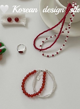 韩国圣诞新年单品轻奢锁骨链S925纯银红色圆珠铃铛项链小众组合款