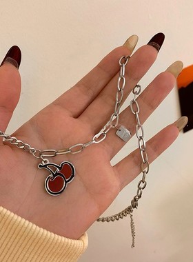 甜美百搭红色樱桃项链女轻奢小众高级感钛钢拼接锁骨链简约饰品