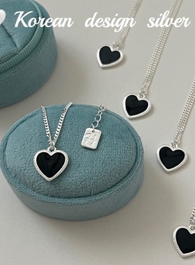 韩国东大门饰品 S925纯银 黑色爱心滴胶锁骨项链叠戴百搭女款