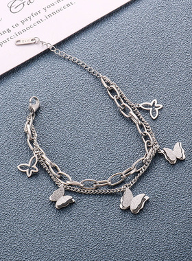 钛钢18k玫瑰金蝴蝶双层手链女韩版简约个性ins小众设计闺蜜姐妹链