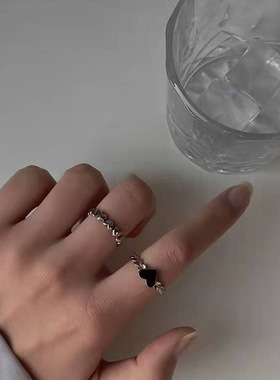 复古做旧爱心戒指女简约气质冷淡风开口指环ins两件套食指戒手饰