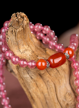 天然粉透草莓晶手链女冰种粉水晶森系闺蜜旺三合桃花饰品手串