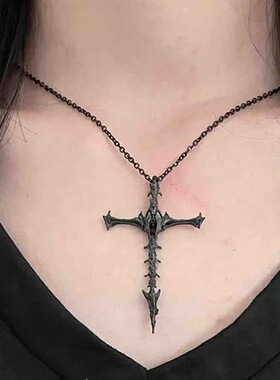 暗黑y2k辣妹风鱼骨十字架项链女
