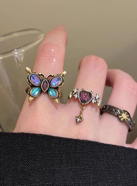 暗黑蝴蝶太阳花开口戒指女小众