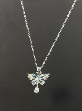 Vintage古着冰蓝蝴蝶项链小众