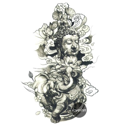 原创纹身贴纸持久男女花臂包小腿佛头莲花象神半甲防水大图刺青贴 虎窝淘