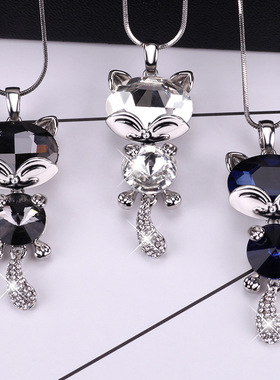 小猫水晶毛衣链年秋冬项链