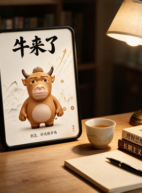 牛来了一头牛卡通装饰画办公室桌面治愈系国风挂画礼物即摆即用