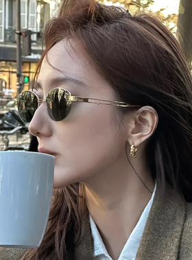 老钱风复古金属框椭圆猫眼墨镜