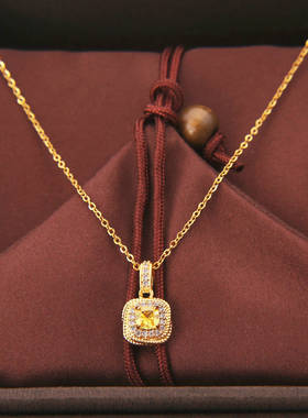 不褪色钛钢镶钻黄方糖锁骨链