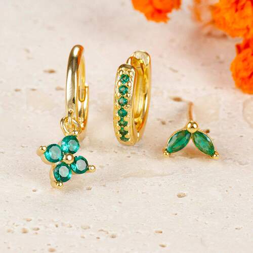 3PCS Exquisite Green Zircon Hanging Earrings Set for Women S - 图2