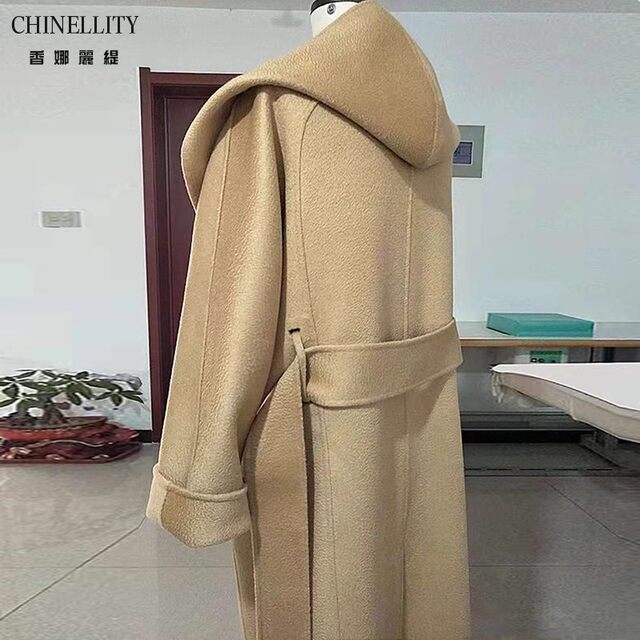 水波纹连帽双面羊绒大衣黑色红驼蓝高端长款羊毛呢外套女秋冬新