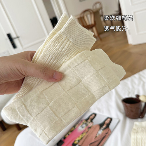 百搭公式 奶油白双针细线袜堆堆袜韩系高级搭配透气棉纯色中筒袜 - 图0