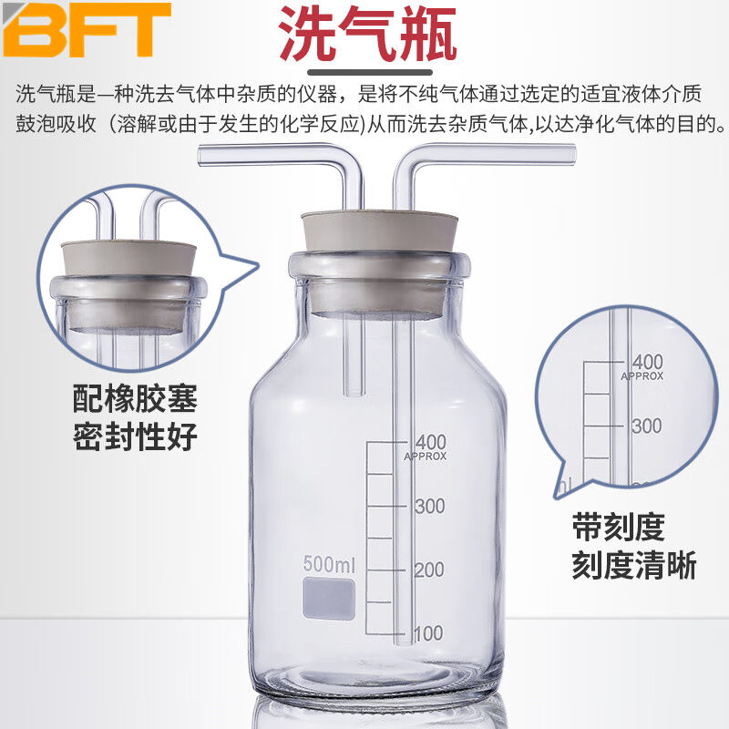 贝傅特玻璃洗气瓶实验室双孔橡胶塞导管洗气装置万用瓶全套125ml - 图1