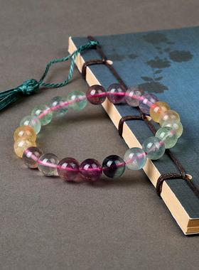 天然彩萤石手链女彩虹色莹石水晶单圈手串民族风时尚饰品礼物