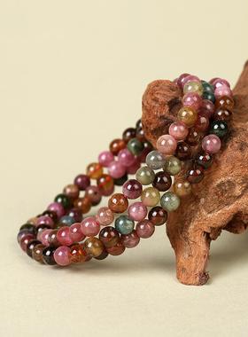 老料碧玺多圈手链女5-6mm老矿彩虹色碧玺珠子散珠串珠三圈手串