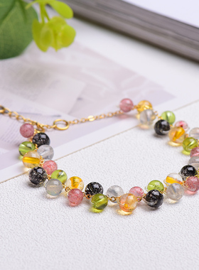 多宝黑发晶橄榄石草莓晶灰月光天然七彩糖果色水晶手串圆珠手链