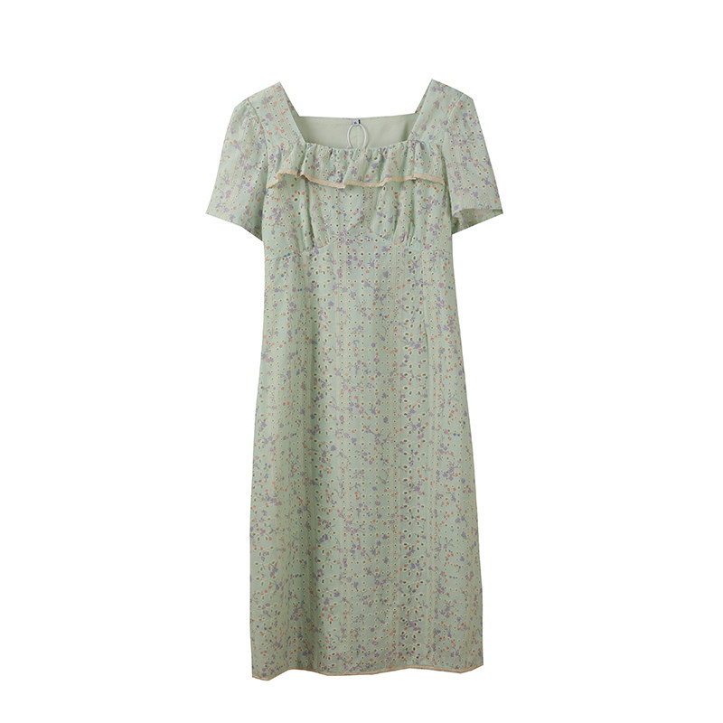 大码2024姐妹款减龄茶粒籽法式茶歇镂空小A摆方领花边显瘦连衣裙