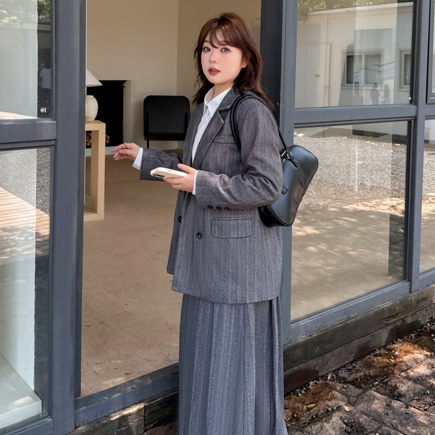 2025冬季新款英伦风人字纹毛呢西装半身裙两件套装女职业西装套装,淘宝优惠券,粉丝福利购,淘宝优惠卷