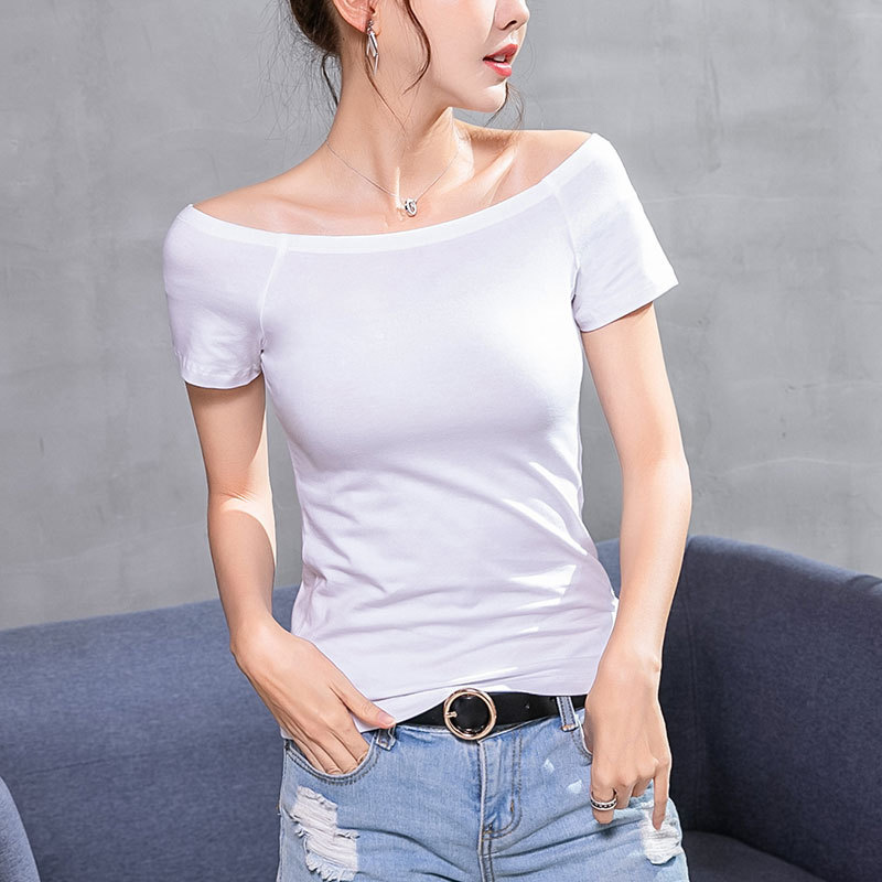 黑色纯棉修身露肩一字领短袖t恤女夏季新款纯色百搭性感打底体恤 - 图2
