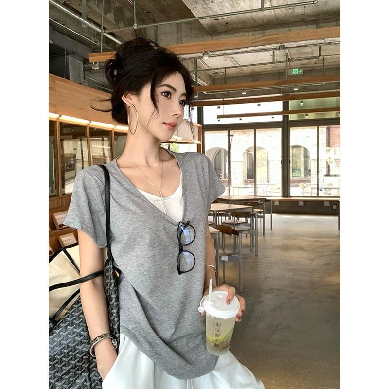 叠穿假两件白色短袖女v领正肩t恤2025夏宽松慵懒半袖体恤通勤上衣,淘宝优惠券,粉丝福利购,淘宝优惠卷