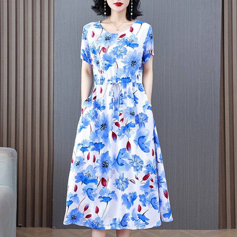 2025新款气质棉绸连衣裙女夏季时尚收腰显瘦中长款人造棉印花裙子,淘宝优惠券,粉丝福利购,淘宝优惠卷