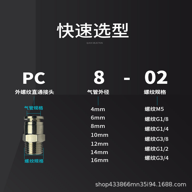 气动快速快插外螺纹直通PC8-02mm全铜镀镍快插接头高温高压耐腐蚀 - 图2