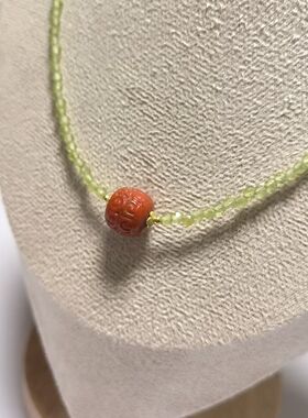 D1456# 天然川料南红回纹珠吊坠 锁骨链10*10.8mm 刻面橄榄石配链