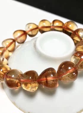 S63# 天然巴西老料焦糖黄水晶桃心手链 手串13.5mm 重量49.86克