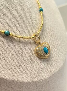 D1459# 通体S925纯银镀金拉丝镶嵌工艺高端绿松石美松爱心吊坠