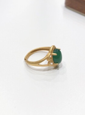 G35# 绿玉髓玛瑙戒指9.8*8mm S925银戒托 开口圈可调节