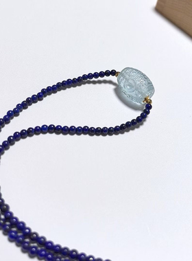 D1312# 天然冰种海蓝宝桶珠锁骨链 17.2*13mm 配青金石项链3mm