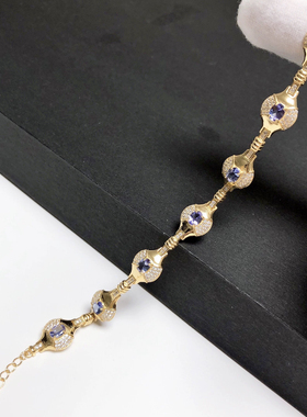 S5# S925纯银精工镶嵌坦桑石手链10.5*15mm 7颗主石 单颗4*5mm