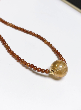 D258# 天然橙红石榴石黄水晶锁骨链吊坠3mm 黄水晶圆珠12mm