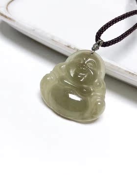 D599# 天然和田玉黄口料佛公吊坠锁骨链 28.8*28.5*5.9mm重7.64克