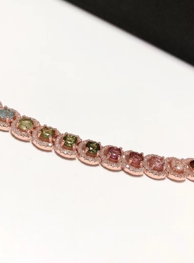 S1690# S925纯银精工镶嵌碧玺手链 主石22颗 尺寸4mm 全长19.5cm